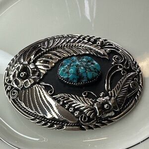 Native American SSI Silver Belt Buckle Turquoise Accents USA